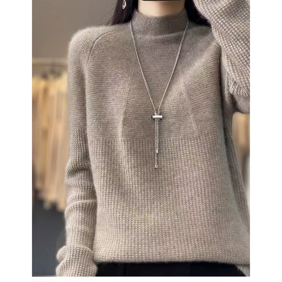 高领八字100%纯羊毛衫女半高领宽松加厚毛衣针织打底衫羊毛衫