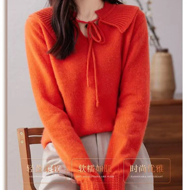 娃娃领抽绳小香风纯羊毛衫女宽松套头毛衣羊绒针织打底衫23083
