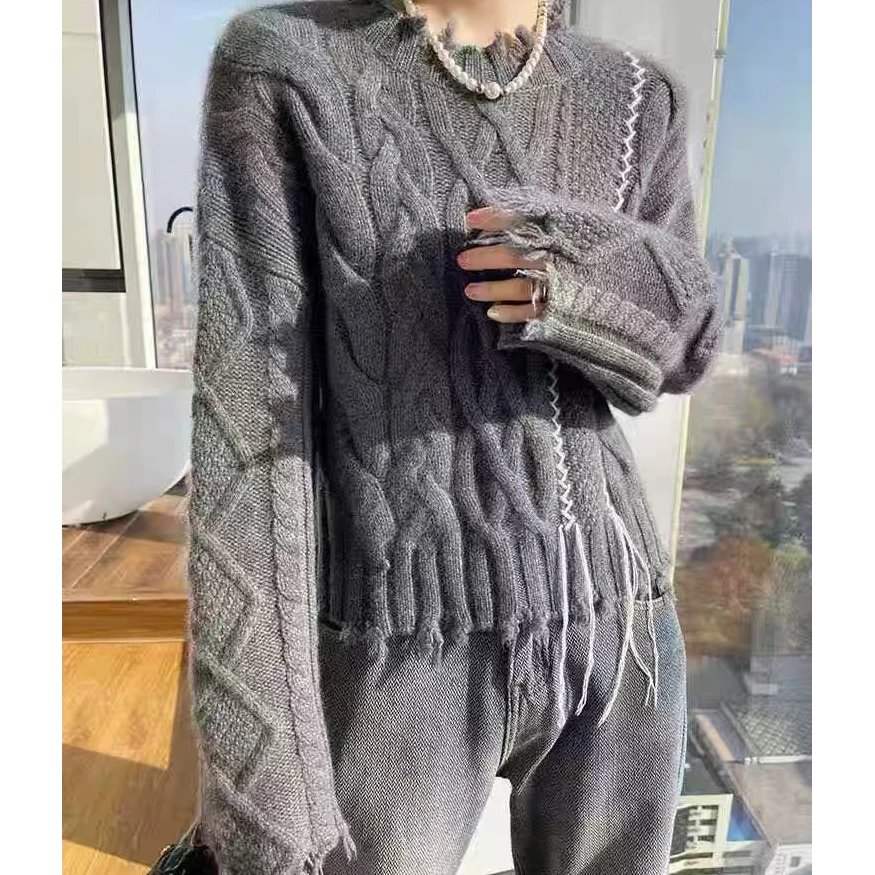厚粗线流苏设计感秋冬圆领100纯羊毛衫女宽松加厚扭花短款羊毛针