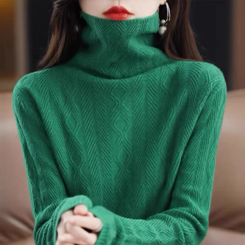 厚款堆堆领100羊毛打底衫 百搭显瘦重工提花款打底自由领