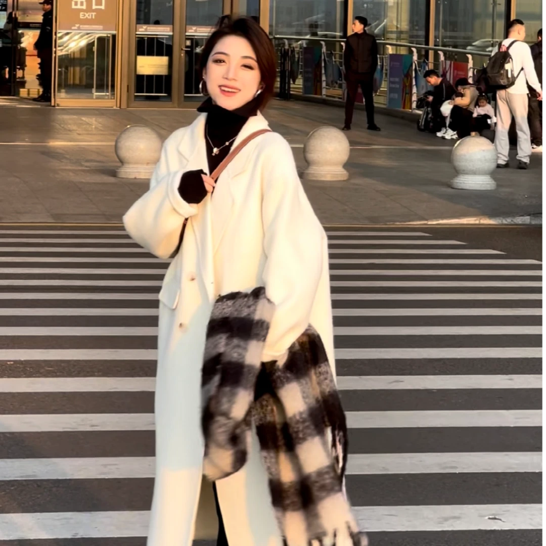 现货2025新款海盐玫瑰秋冬网红洋气加厚百搭时尚外套韩版双面大衣