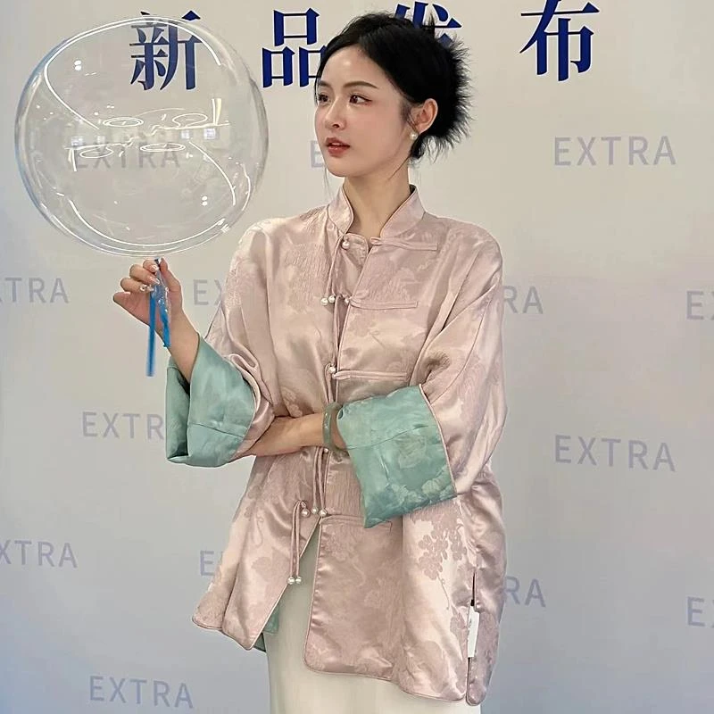 新中式国风两面穿粉色提花外套女秋款洋派高级感超好看小香风上衣