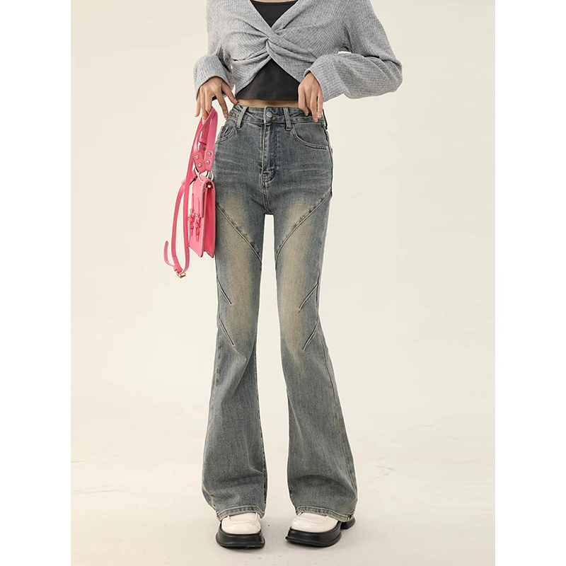 【青苍】复古做旧立体分割水洗牛仔微喇裤女休闲时尚裤子5033-8