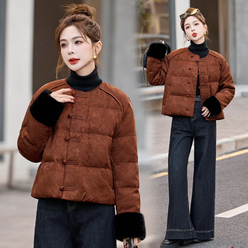 新中式国风羽绒服女短款2024冬季新款复古盘扣加厚保暖白鸭绒外套