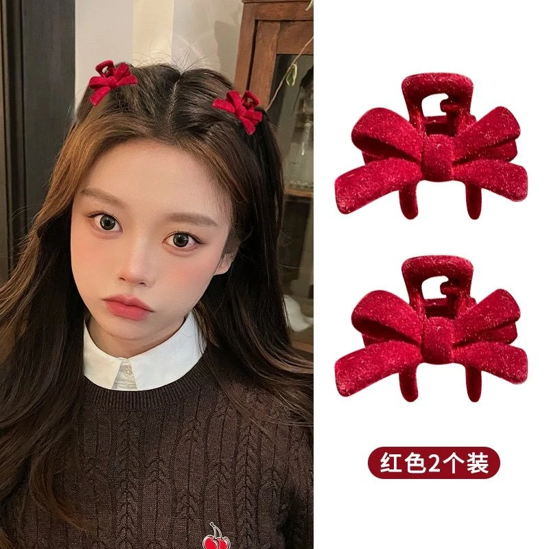 巨显白！公主头抓夹！秋冬红色蝴蝶结发夹女丝绒前额刘海夹子头饰