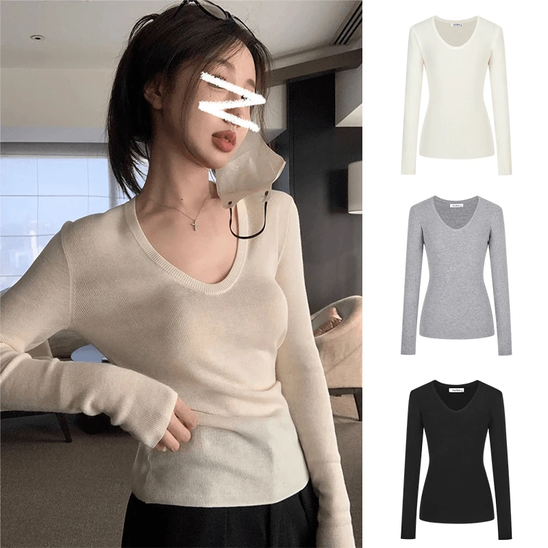 法式复古U领长袖针织衫设计感修身显瘦内搭打底衫纯色上衣女百搭