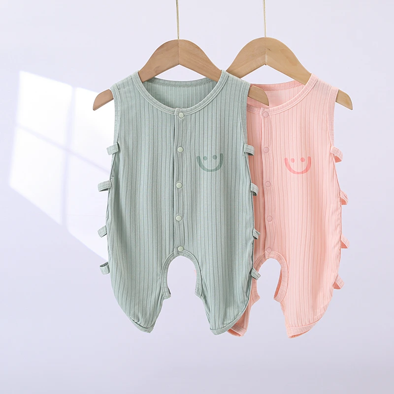 婴幼儿连体衣宝宝坑条纹哈衣无袖琵琶衣无骨护肚新生儿夏季衣服