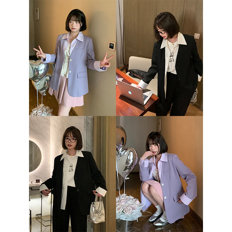 QC李潇洒微胖大码奶杏色西装外套春设计感假两件宽松气质西服上衣