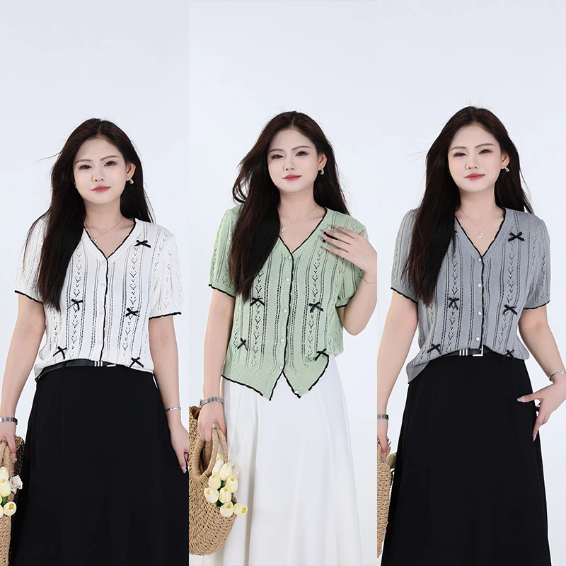 QC李潇洒【费尔岛】微胖大码女夏季甜美镂空短袖蝴蝶结针织上