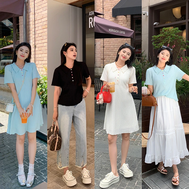 QC李潇洒微胖mm大码甜美肌理感针织衫上衣女夏休闲收腰短款连衣裙