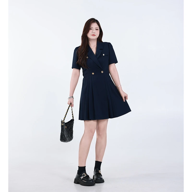 QC李潇洒【老钱风】微胖大码女双排扣设计感百褶气质西装连衣裙
