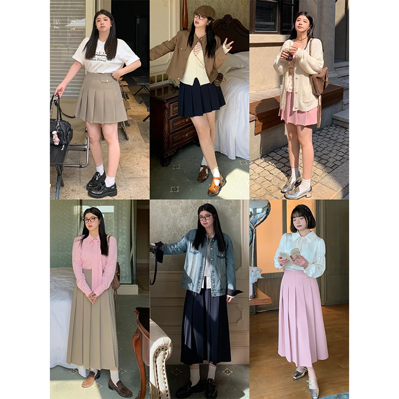 QC李潇洒微胖大码学院风藏青色中长款半身裙春高腰a字短款百褶裙