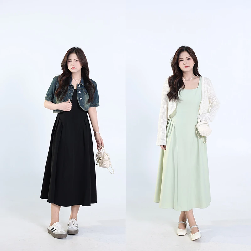 QC李潇洒【罗马舞曲】微胖大码女夏季赫本风显瘦方领吊带连衣裙