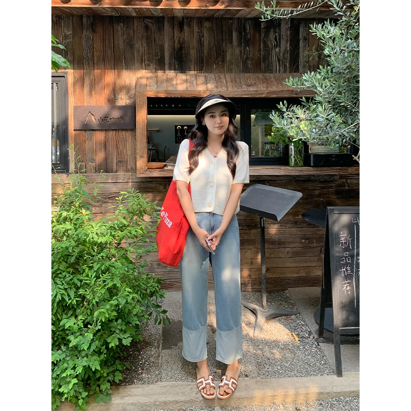 QC李潇洒微胖复古重工水拼接牛仔裤女夏薄款直筒显瘦九分裤子