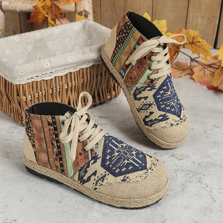 秋冬复古民族风老北京布鞋大码高帮女鞋情侣鞋系带棉麻透气绣花鞋