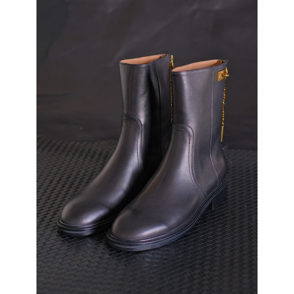 MANIKA GUAN 时尚复古百搭舒适扁头女士黑色马丁靴MW2186010