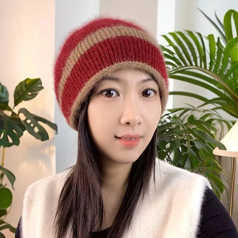 2024新款松鼠针织时尚百搭撞色条纹蓓蕾女帽双层加厚保暖舒适