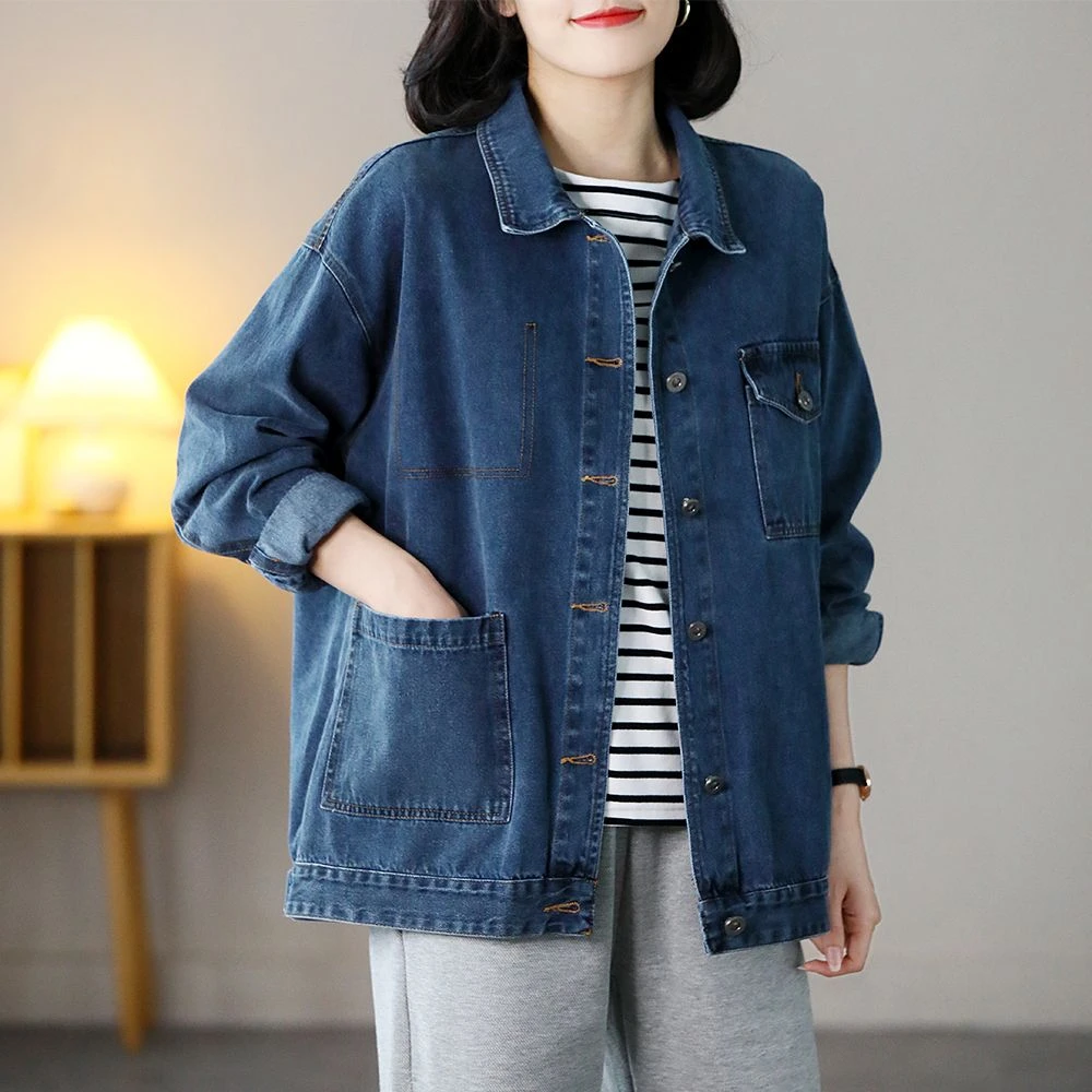 铜扣记翻领牛仔外套女简约百搭宽松显瘦韩版大码初秋长袖牛仔服女
