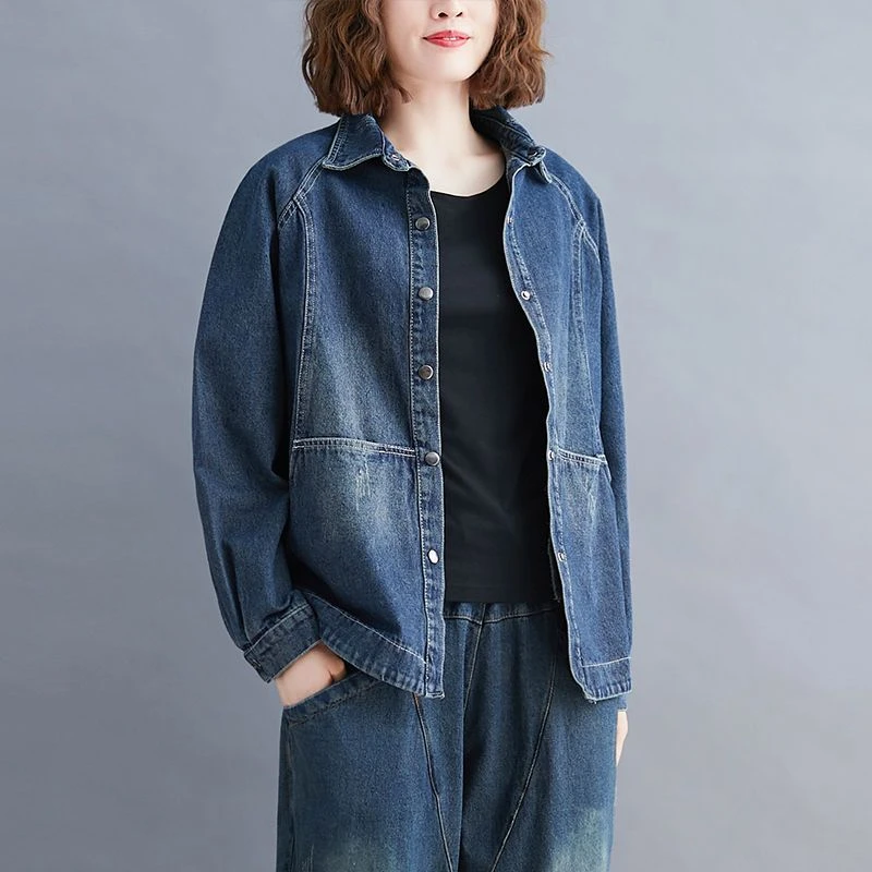 大码牛仔上衣外套宽松韩版长袖秋装新款做旧磨白水洗百搭显瘦外套