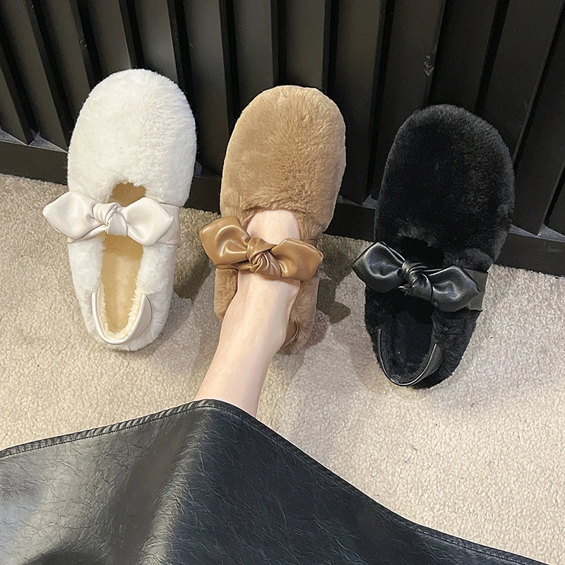 【1.5cm】仙女毛毛鞋可爱蝴蝶结豆豆鞋冬季加绒一脚蹬百搭网红单鞋