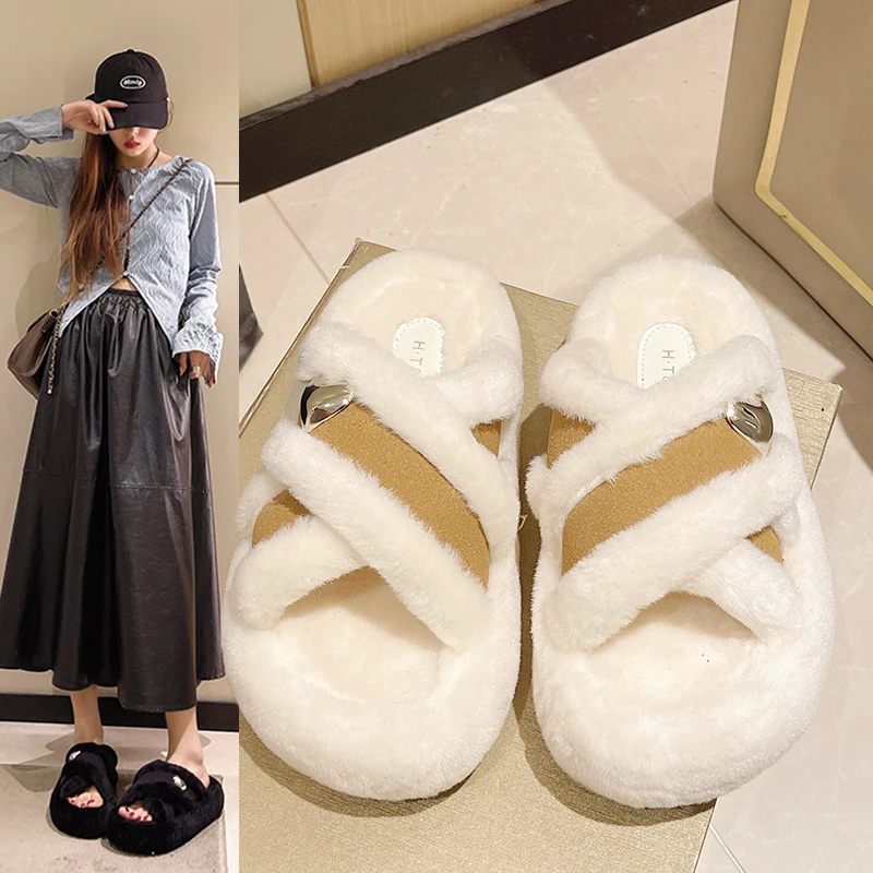 【5cm】秋季毛毛拖鞋女外穿2023新款法式高级感厚底增高舒适棉拖鞋