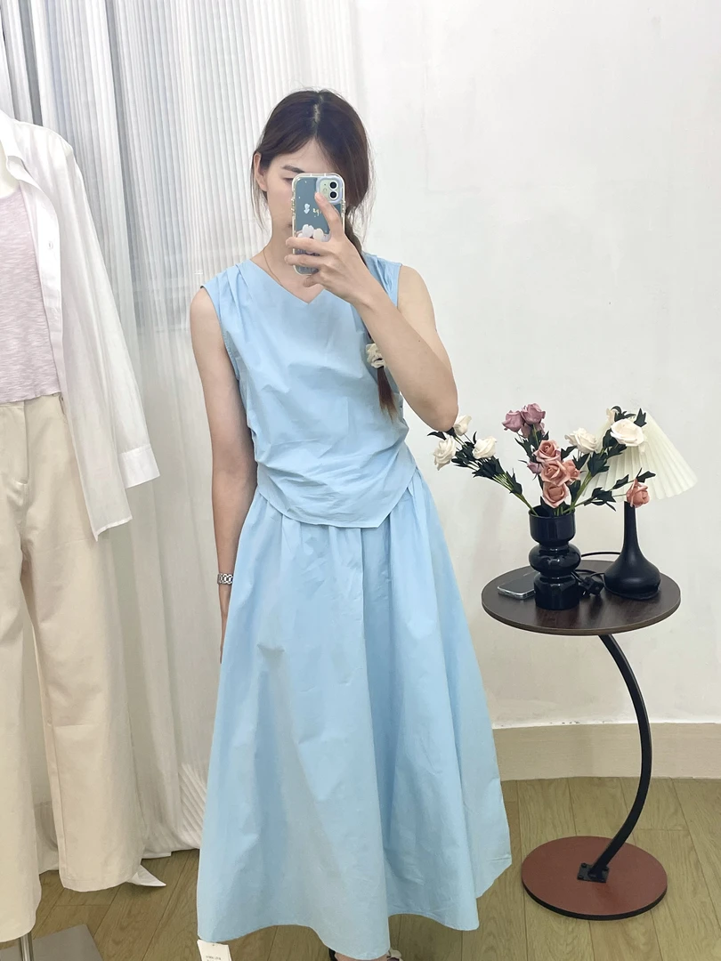 韩系简约V领无袖不规则假两件连衣裙女