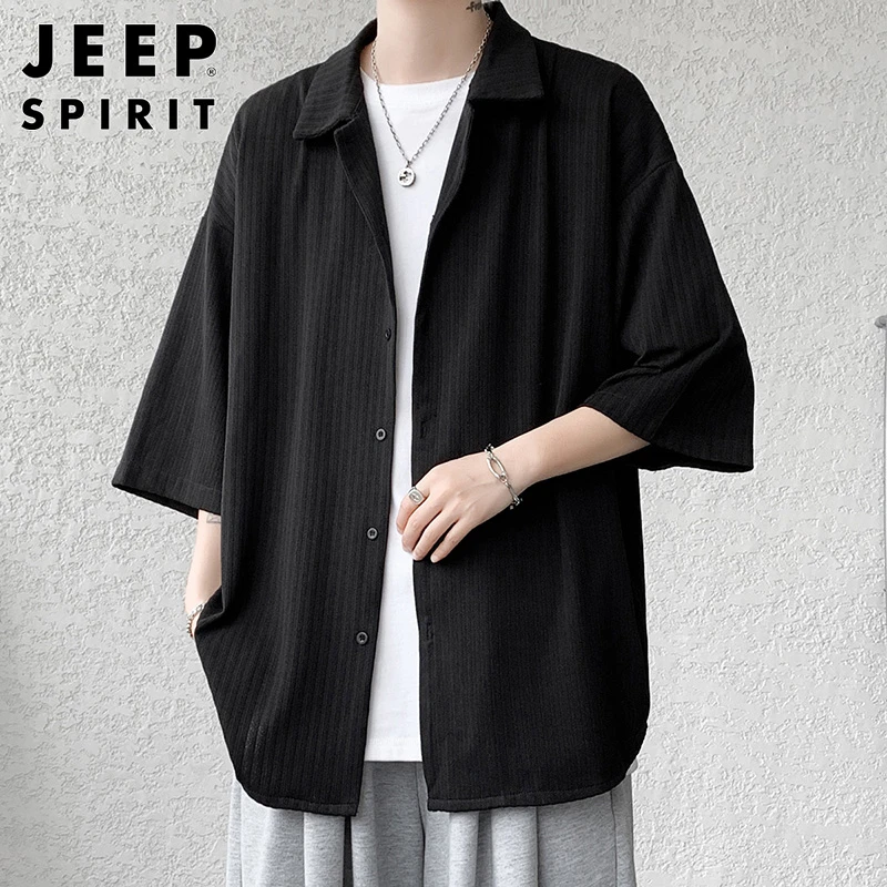 Jeep吉普短袖衬衫男士秋季大码宽松七分袖衬衣男款帅气半袖寸衫