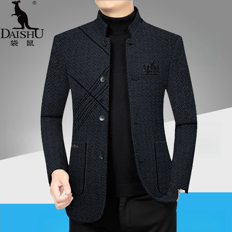 袋鼠春秋款商务毛呢大衣男立领厚款夹克爸爸外套修身高档上衣