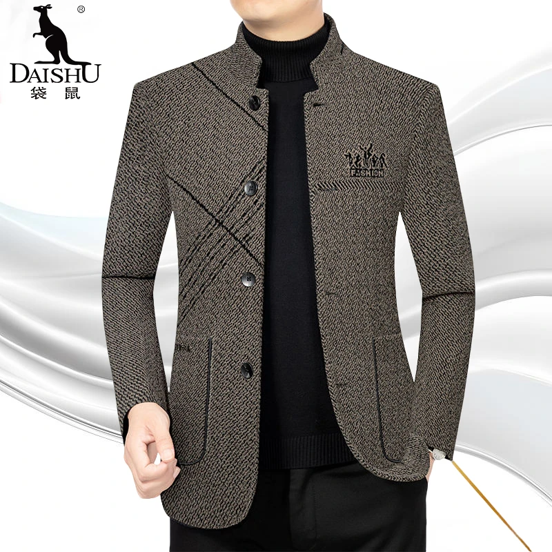 袋鼠中年男士春季新款立领毛呢商务休闲西服外套春秋款高档爸爸装