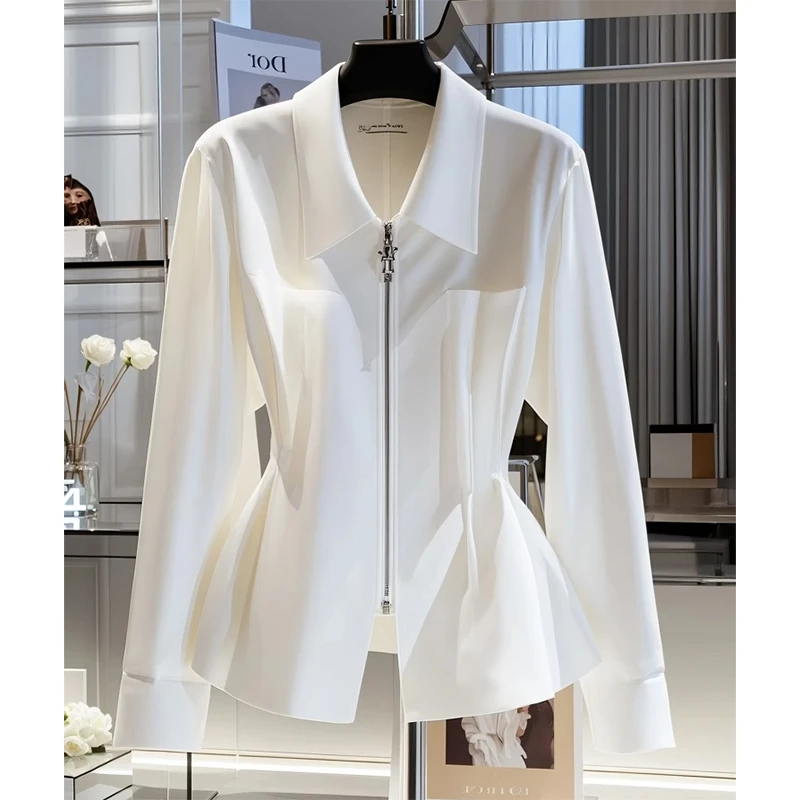 秋季女装2024新款时尚气质POLO领拉链设计感褶皱收腰显瘦长袖上衣