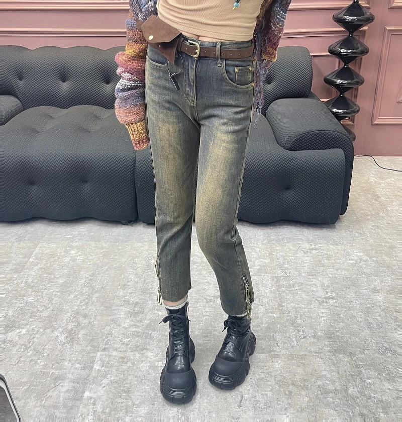 Chao Liu Zai Xian/潮流在现秋冬新款显瘦牛仔裤高腰直筒烟管裤女