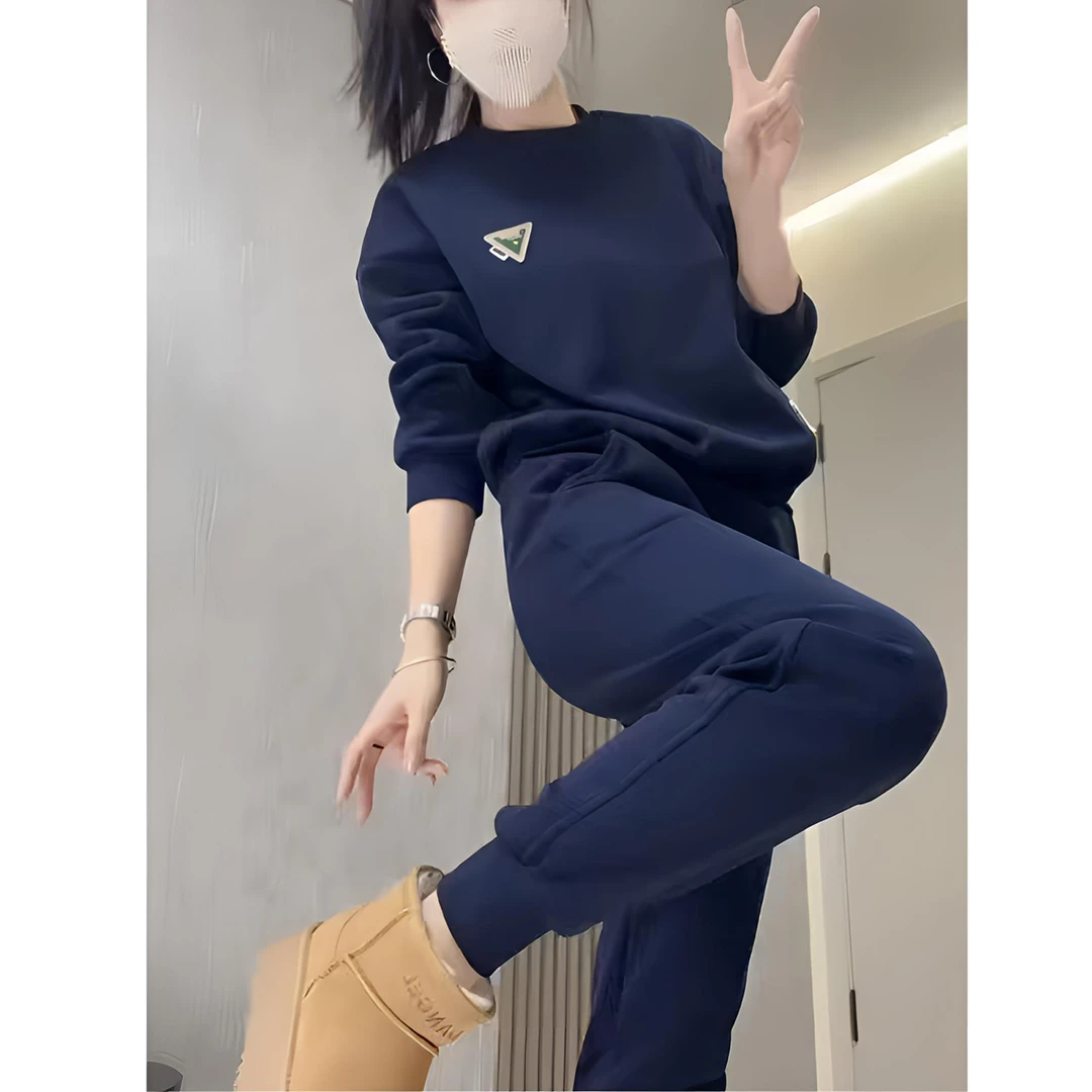三角标运动时尚套装加绒卫衣卫裤俩件套气质长袖休闲女士宽松圆领