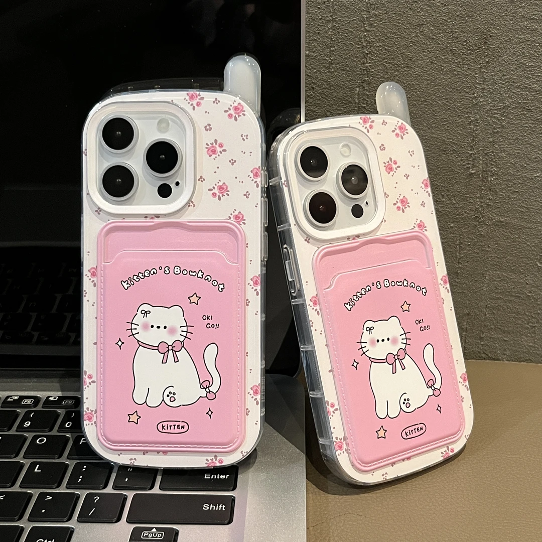 粉碎花猫咪适用苹果16手机壳iPhone13大孔15promax防摔14卡包12