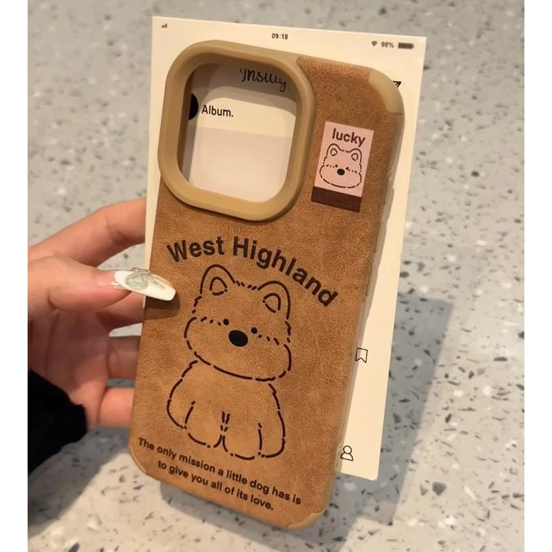 秋冬皮质西高地贴皮适用苹果16promax手机壳iPhone15小众14高级13