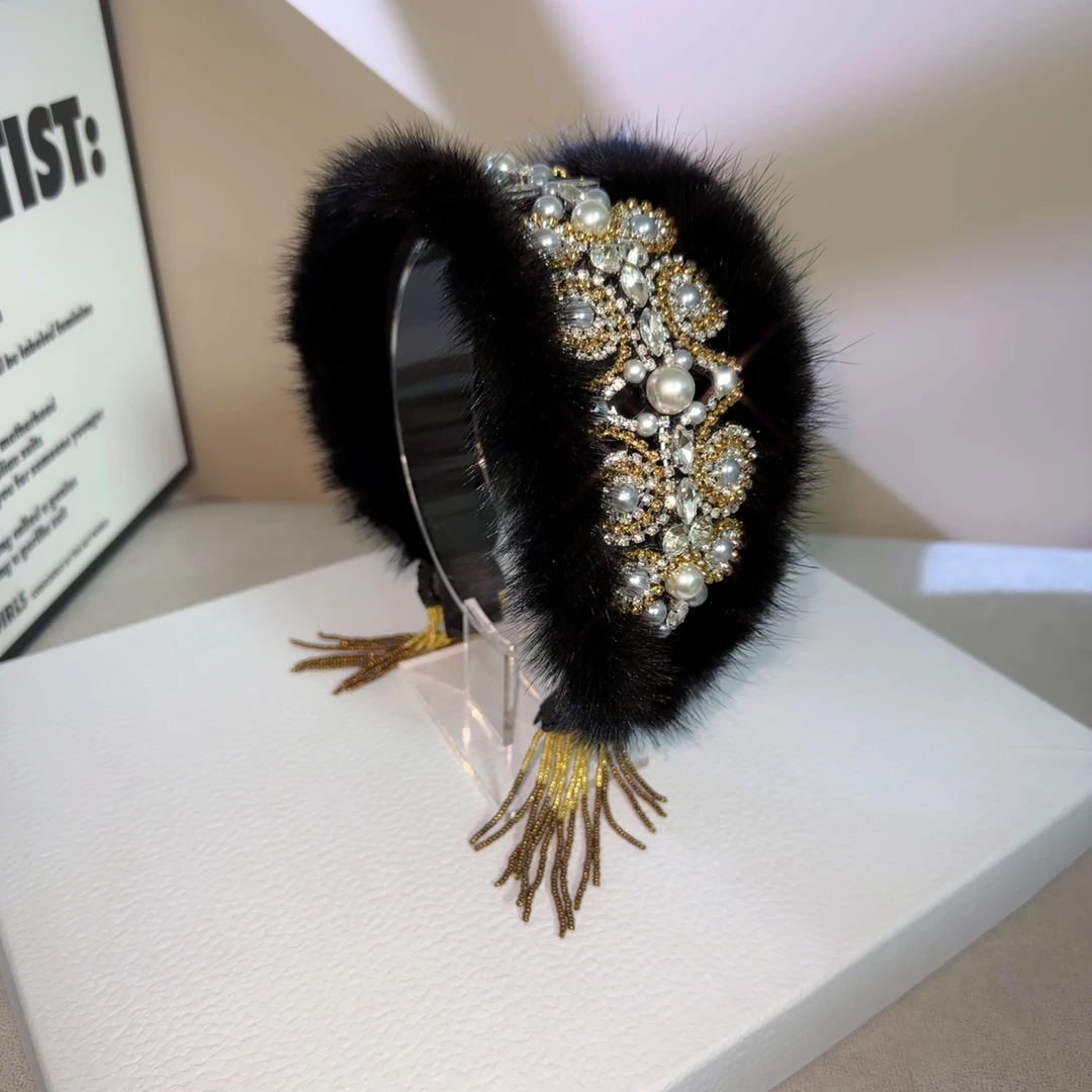 【卓玛】秋冬新品水貂毛流苏发箍重工宽边头箍原创时尚贵气