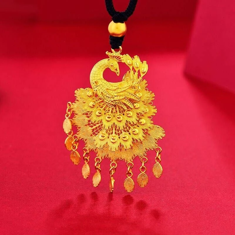精品古法孔雀开屏项链精美国风孔雀吊坠黑绳毛衣链结婚金项链女