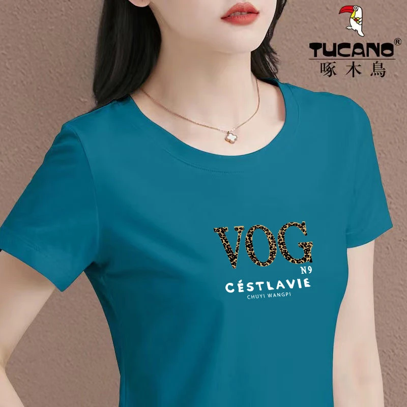 啄木鸟2024年新款T恤夏季薄款休闲时尚女装圆领短袖印花修身上衣