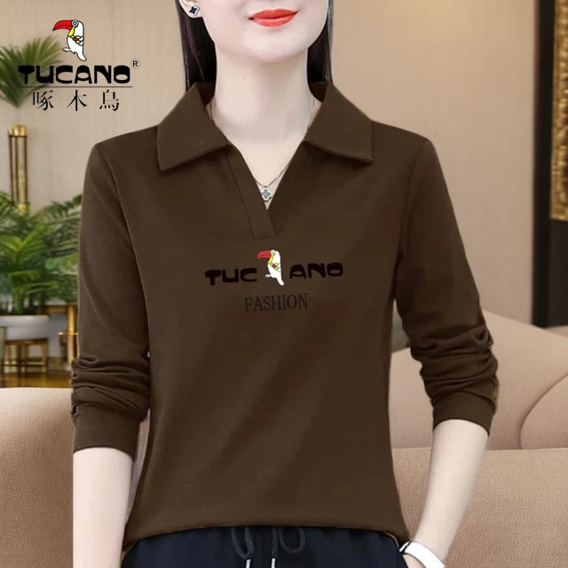 啄木鸟春季新款时尚百搭宽松简约T恤翻领长袖2024年打底纯色上衣