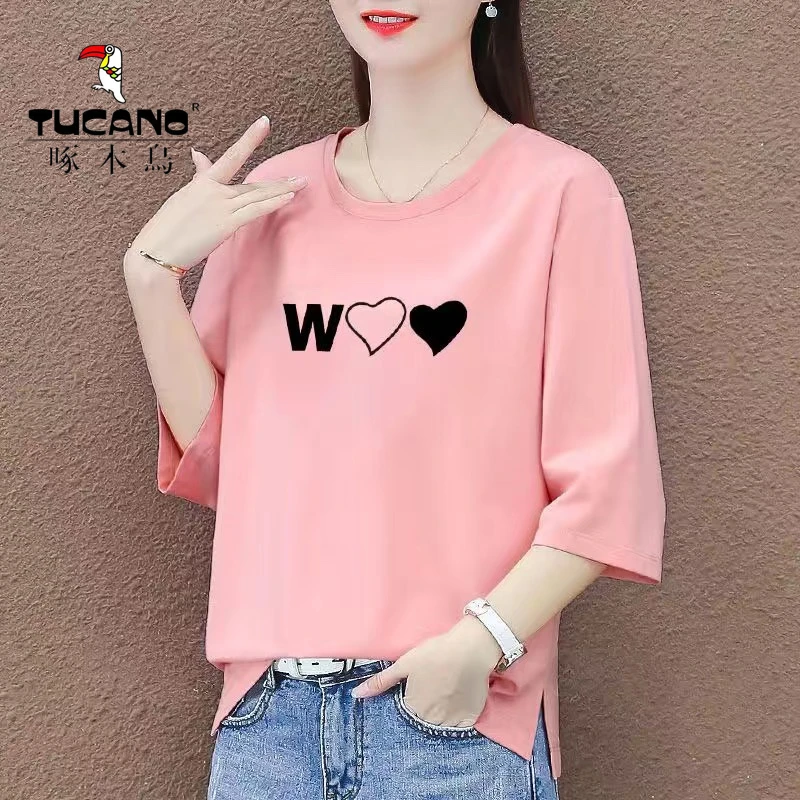 啄木鸟纯棉七分袖2024夏新款大码显瘦时尚洋气百搭半袖T恤女上衣