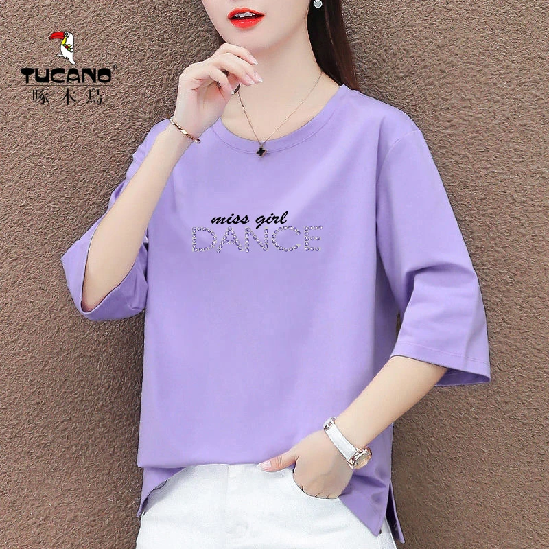 啄木鸟减龄七分袖中袖小衫2024年夏季新款T恤洋气中年大码上衣女