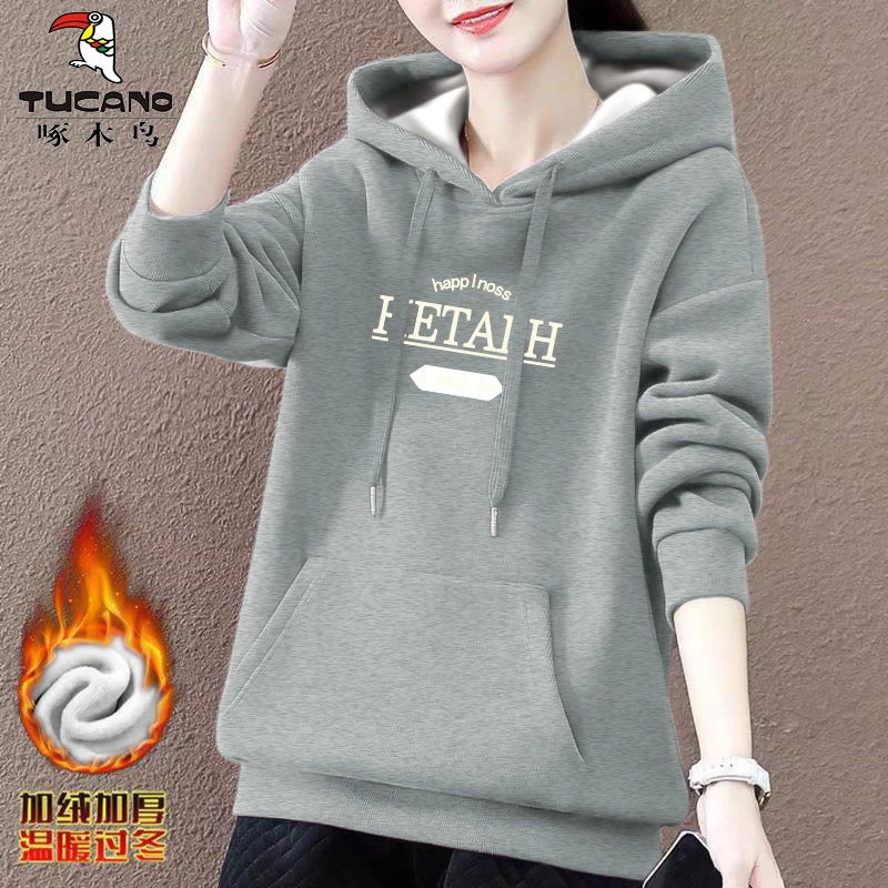 啄木鸟正品高档外穿连帽卫衣女2024冬季新款内搭女打底衫红色卫衣