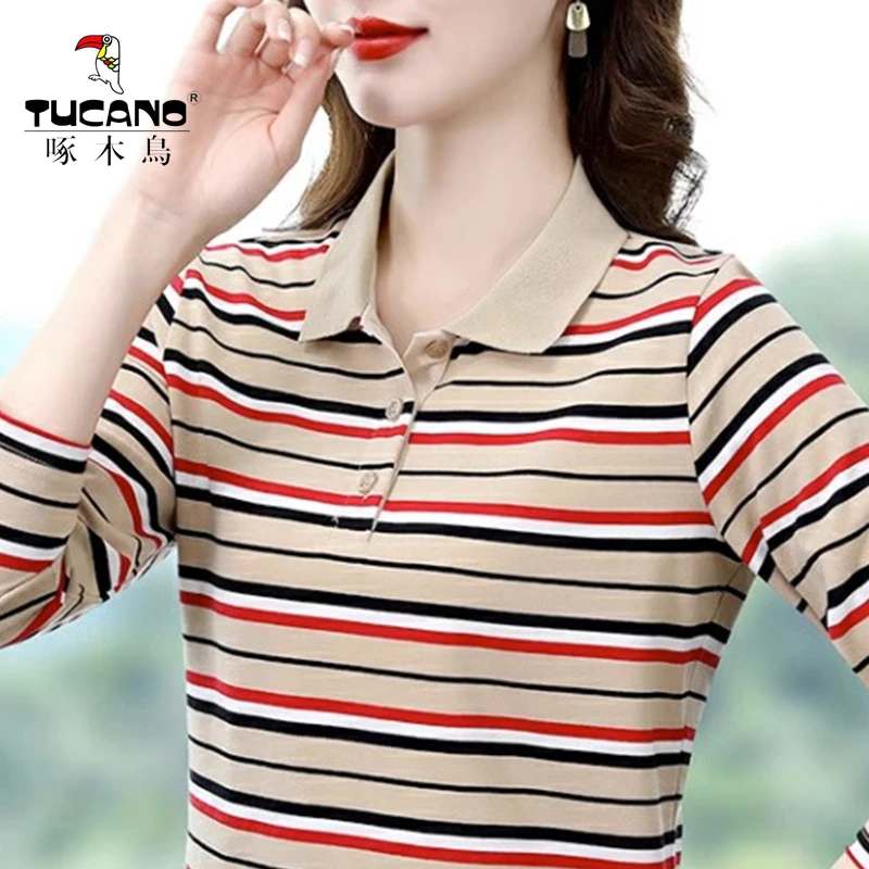 啄木鸟正品条纹长袖t恤女翻领中年妈妈polo衫上衣外穿内衬打底衫