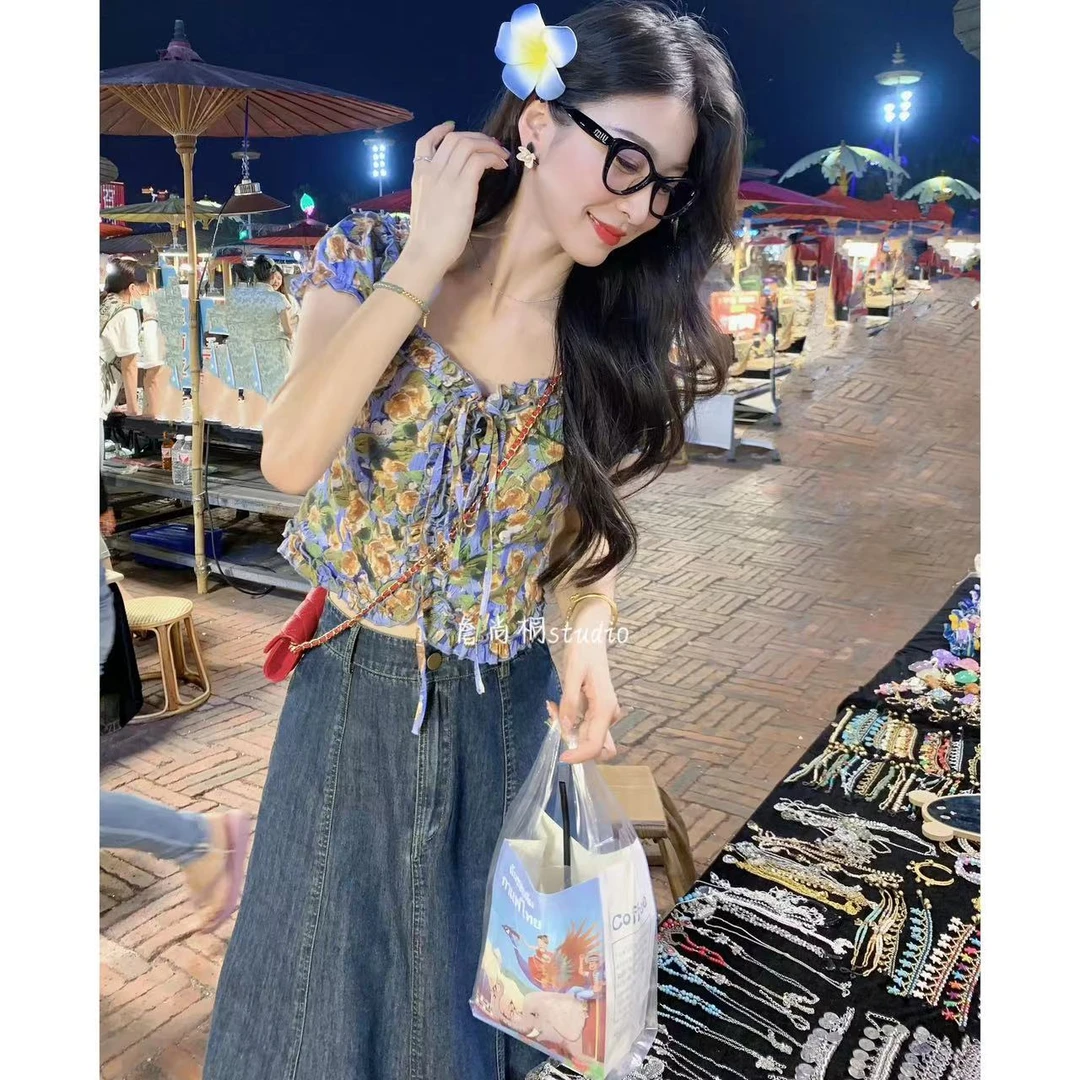 清清【泰式花茶】复古碎花甜美荷叶边清新短袖2560