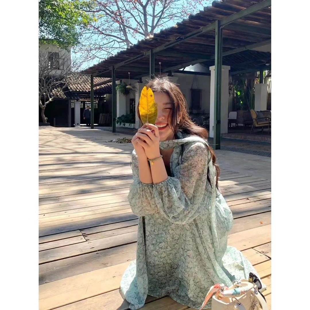 清清【清风花语】法式尤莱特收腰显瘦女款气质长款连衣裙5739