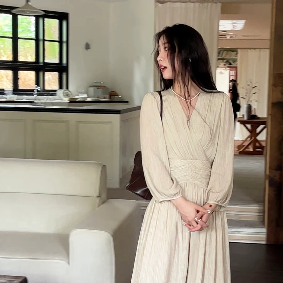 清清【温柔裙】优雅气质温柔长款杏色连衣裙1557