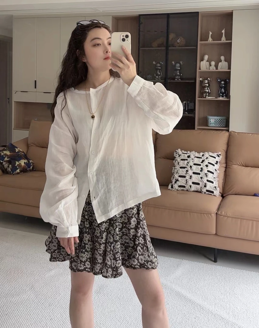 韩系夏季洋气减龄圆领长袖苎麻天丝衬衫