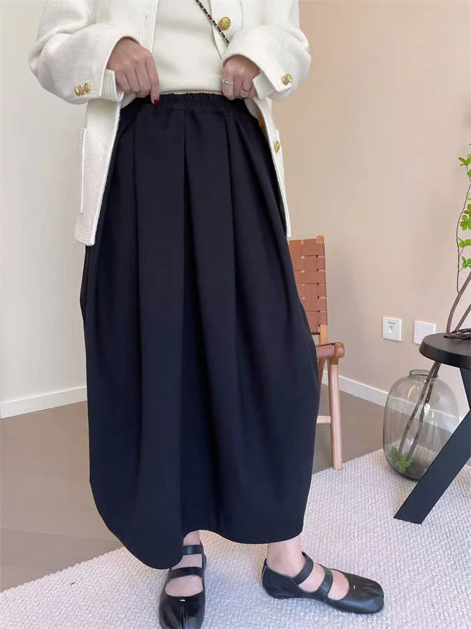 欧洲站2024加厚松紧腰蓬蓬花苞灯笼裙休闲百搭黑色蓬半裙6501