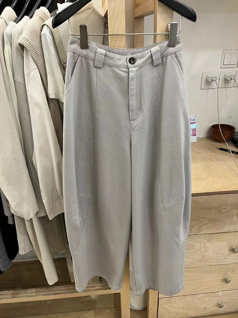 欧货高腰一粒扣慵懒圆弧压线净版休闲裤羊腿裤523