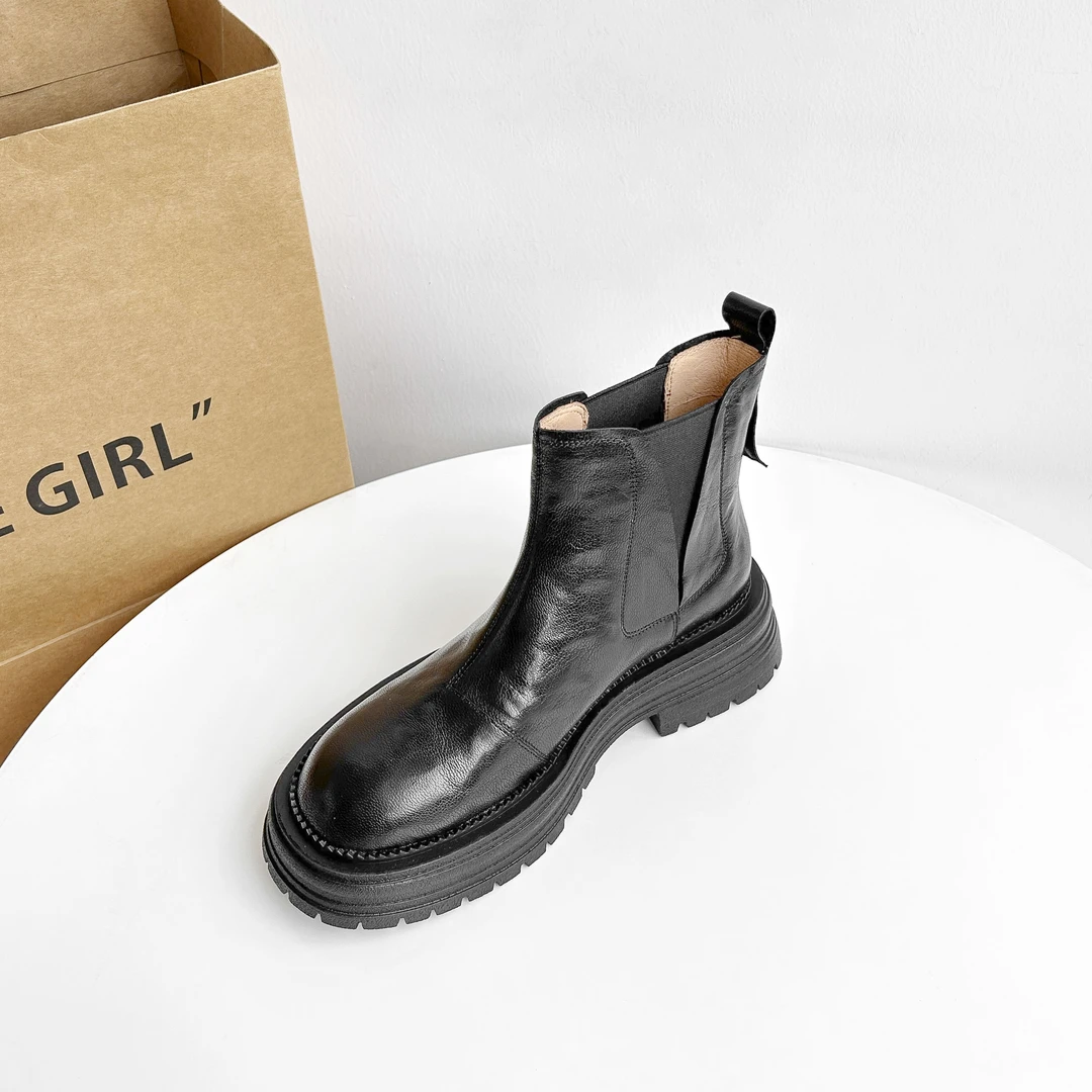 少量现货】4cm/AL1516B牛皮厚底切尔西靴女春秋单靴粗跟短靴真皮