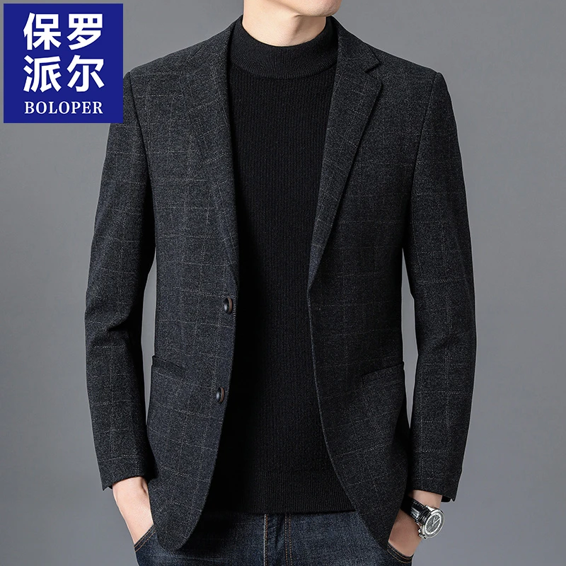 保罗秋冬季男士休闲西装百搭加厚外套宽松西服高档毛呢保暖大衣潮